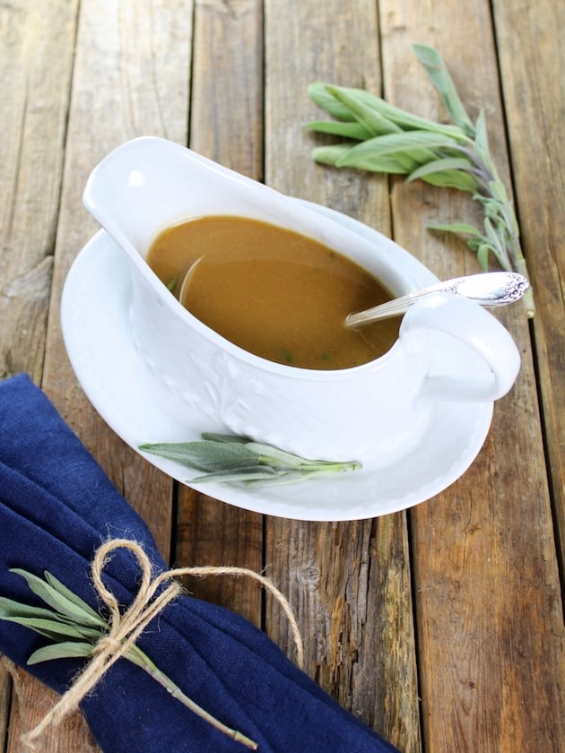 White Wine Turkey Gravy in a white gravy boat