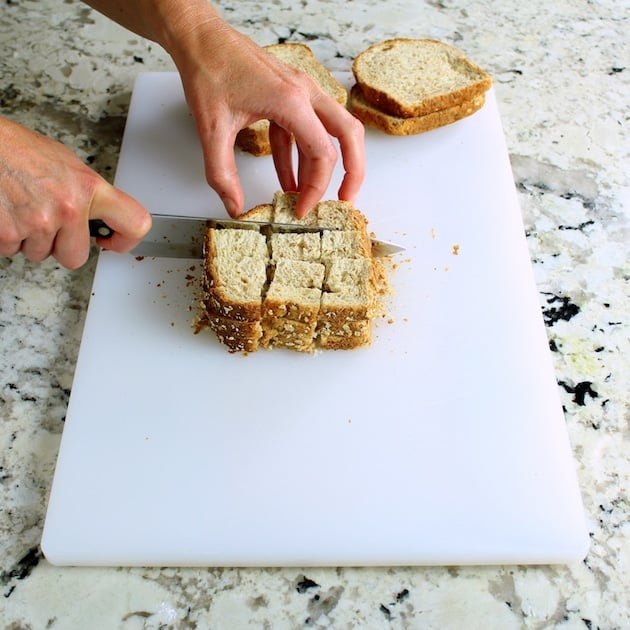 Cutting up bread for turkey stuffing