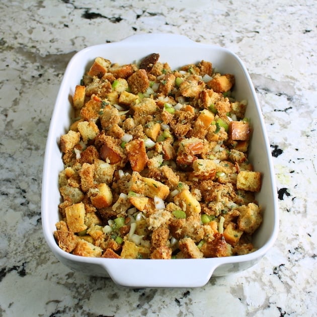 Turkey Stuffing casserole dish ready to bake