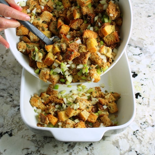 Transferring turkey stuffing from mixing bowl to casserole dish