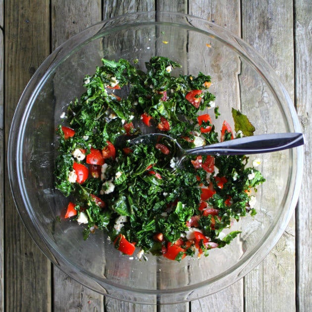 Glass bowl with Organic Kale, Tomatoes,  And French Feta