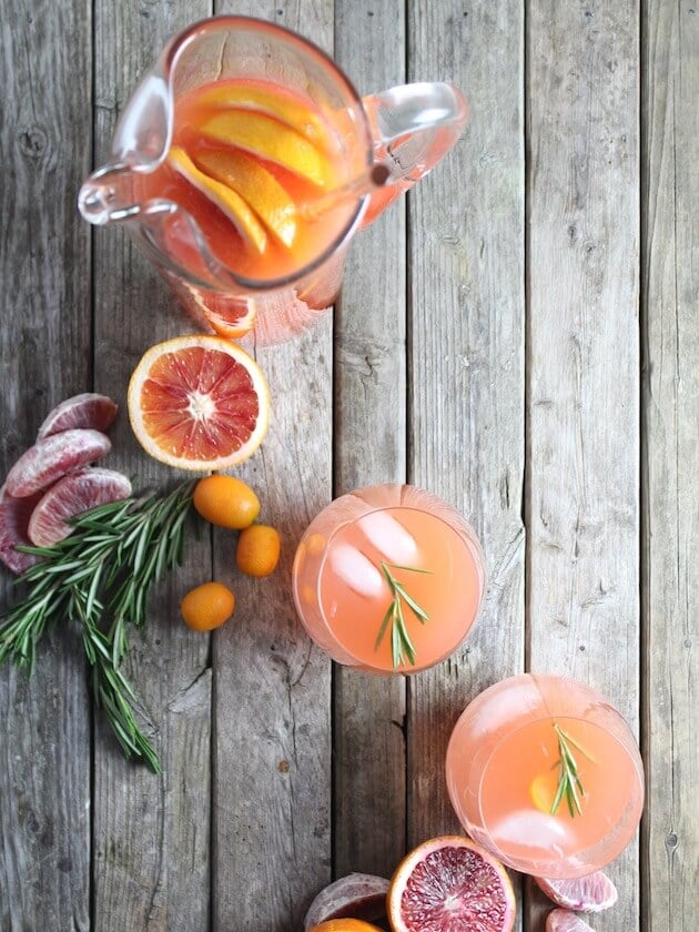 Aperol Punch Pitcher with grapefruit, blood orange, and rosemary