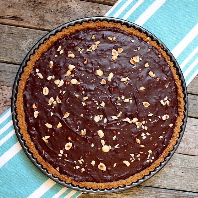 Chocolate Hazelnut Tart on blue cloth