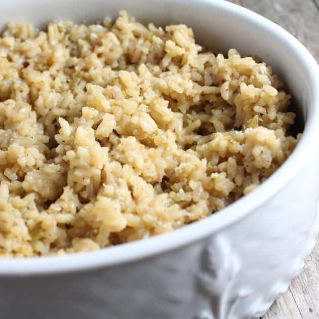 Close up of Creamy Parmesan Risotto in white serving bowl
