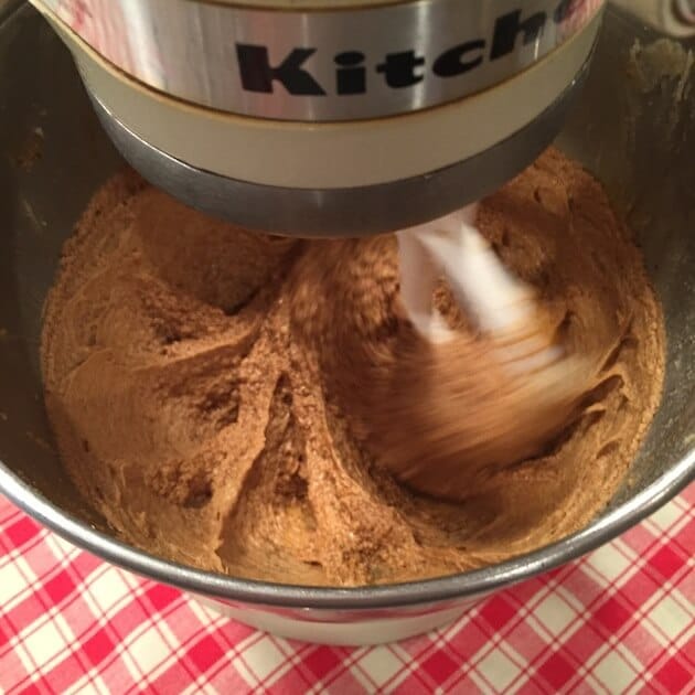 Gingerbread Thumbprint Cookie batter in stand mixer