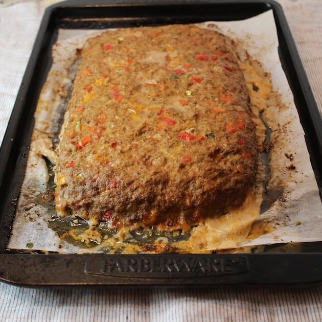 Farmer\'s Market Meat Loaf on baking sheet after cooking 