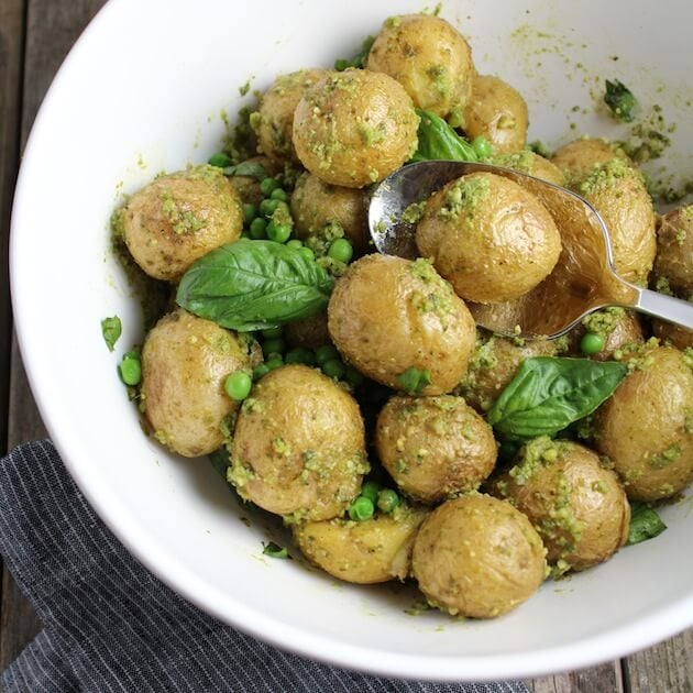 Pesto potato salad with peas and basil