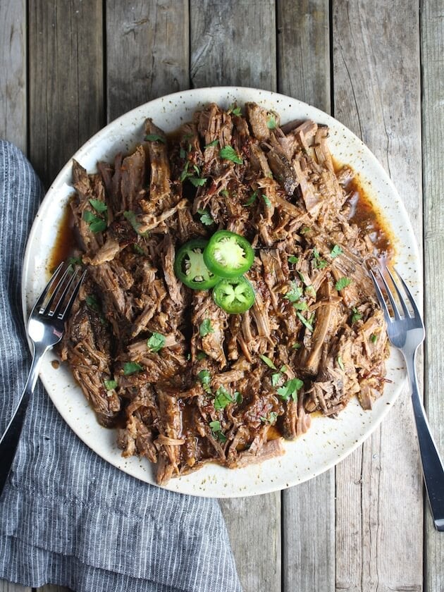 Pulled Slow Cooker Beef Barbacoa on a platter
