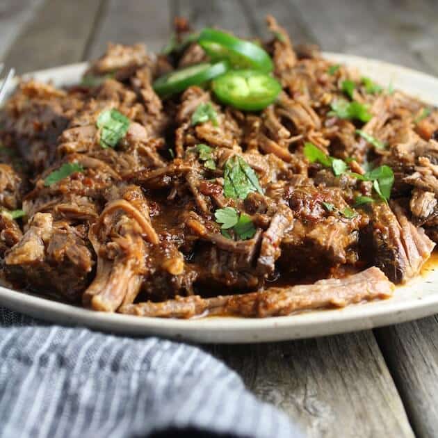 Eye level plate of pulled Beef Barbacoa