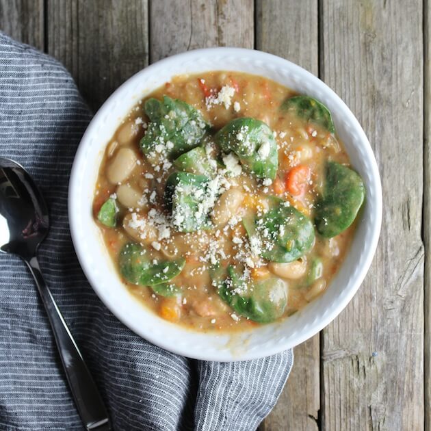 Spicy Italian White Bean and Sausage Soup in a bowl