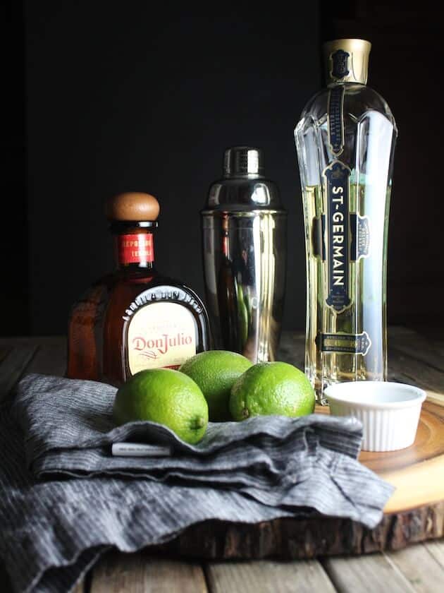 Ingredients for Elderflower Margarita on a table