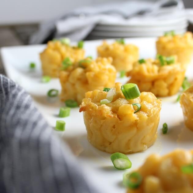 Mac N Cheese Bites on a white platter