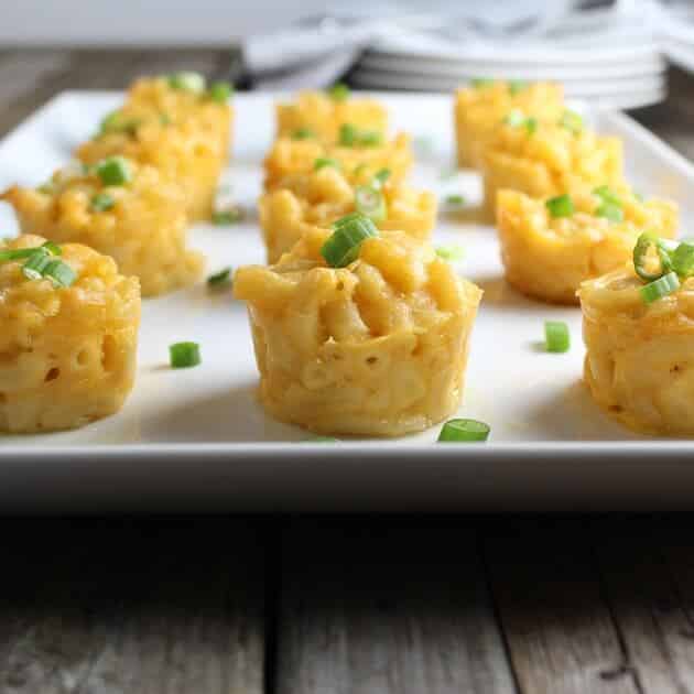 Mini Macaroni and cheese  cups on a serving platter