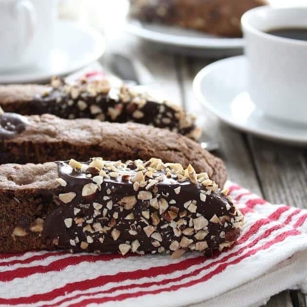 Close up of chocolate Coffee Hazelnut Biscotti