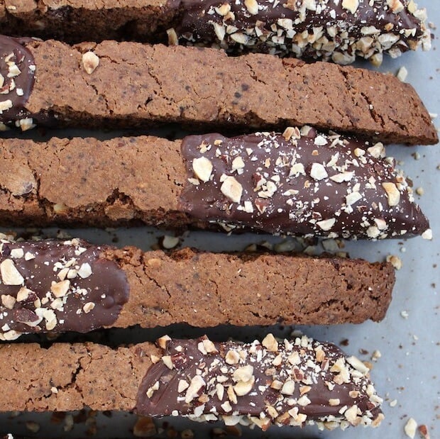 Chocolate Biscotti dipped in chopped hazelnuts