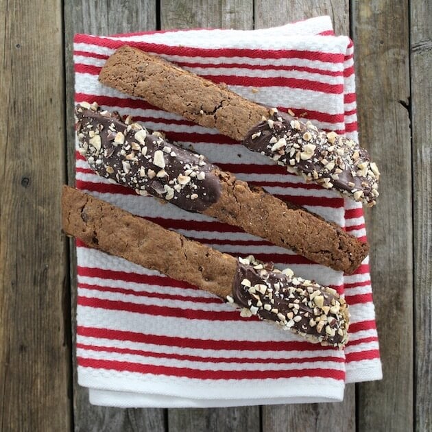 Three Mocha Chip Hazelnut Biscotti on red &amp; white striped napkin