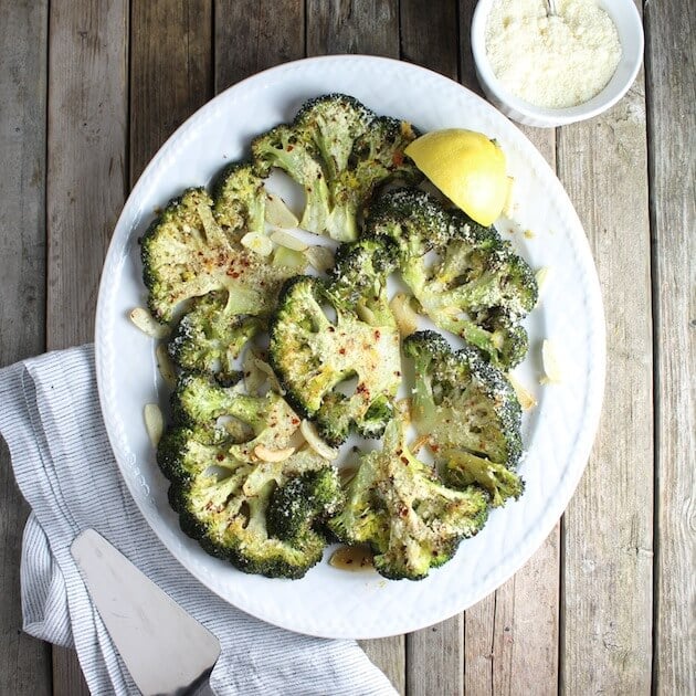 Platter of sliced roasted broccoli