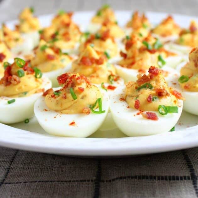 Platter full of deviled eggs