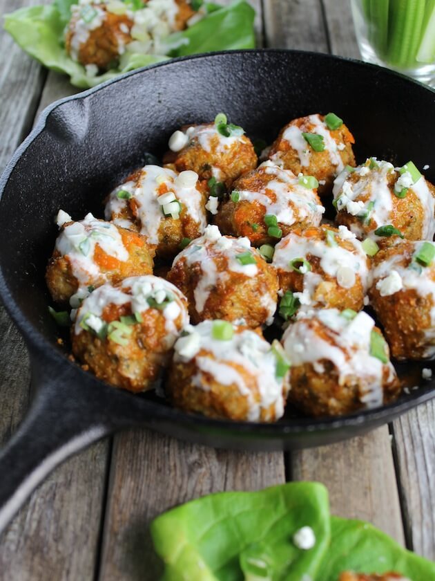 Buffalo Chicken Meatballs in skillet with sauce