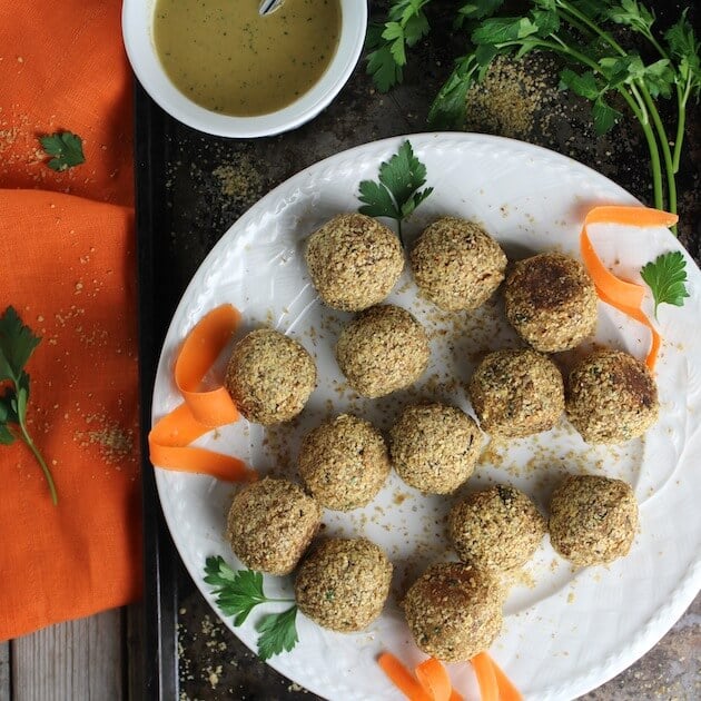 Vegetarian Meatballs on a plate, with Lemon Tahini Sauce