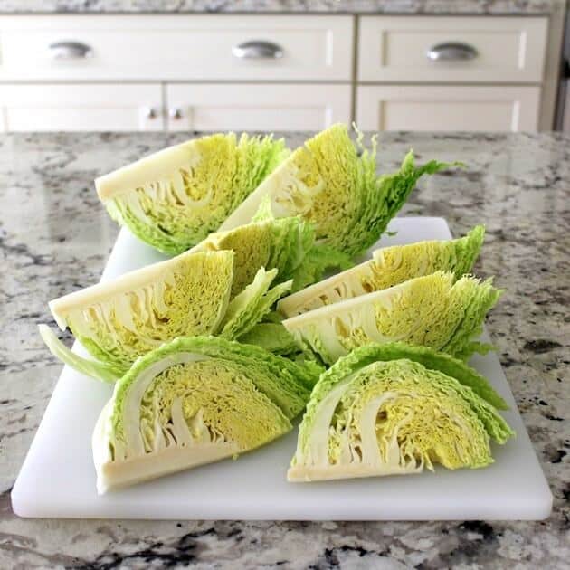 Chopped up wedges of cabbage