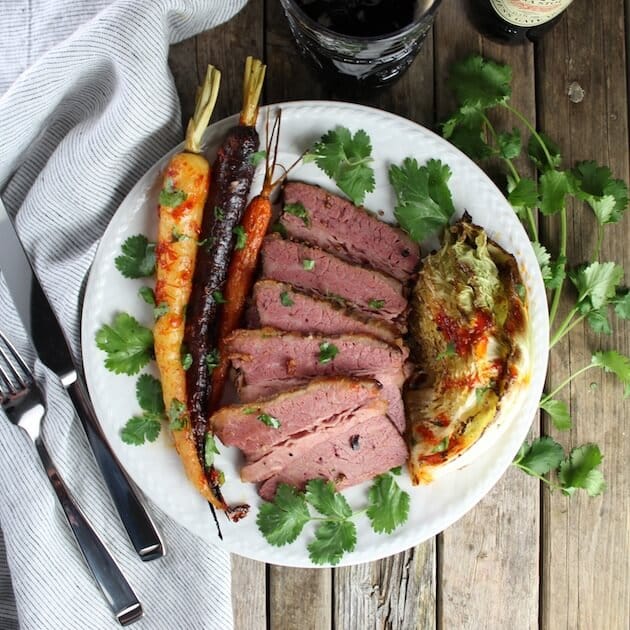 Corned Beef And Cabbage on a plate with carrots