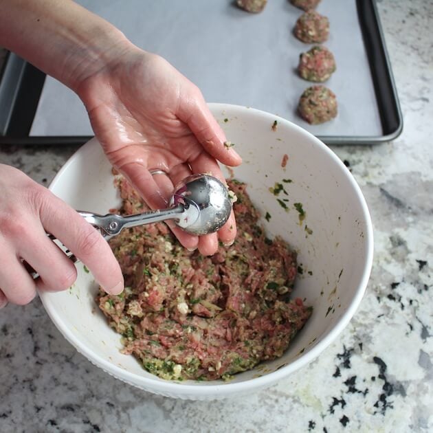 Using ice cream scoop to shape meatballs