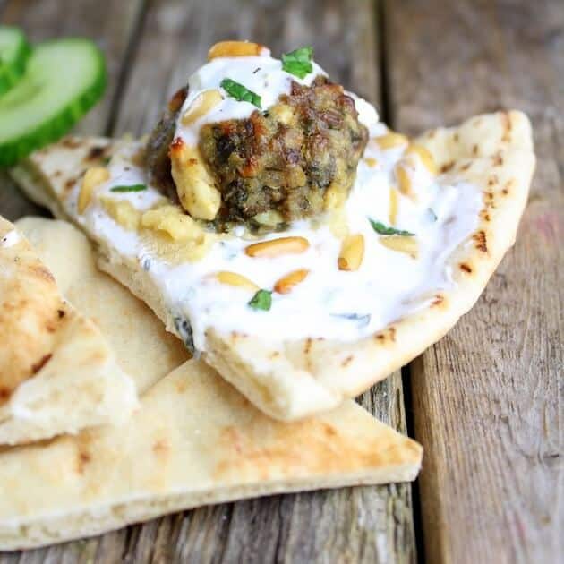 Lamb meatball on pita triangle