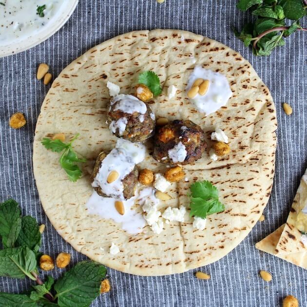 Lamb Meatballs on a piece of pita bread