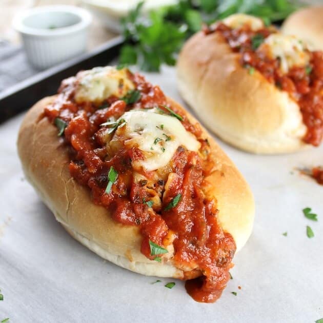 Italian Meatball Sub with red sauce and melted mozzarella