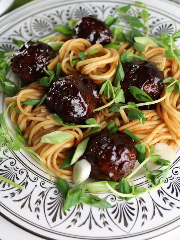 Asian Meatballs on plate with asian noodles