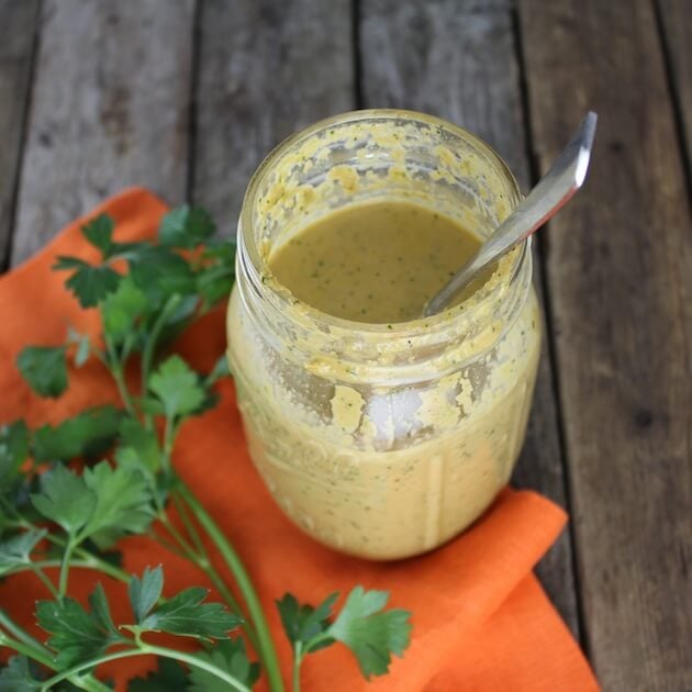 Lemon Tahini Sauce in mason jar