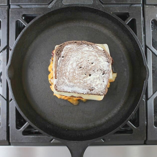 Adding pumpernickel bread to top layer of reuben sandwich