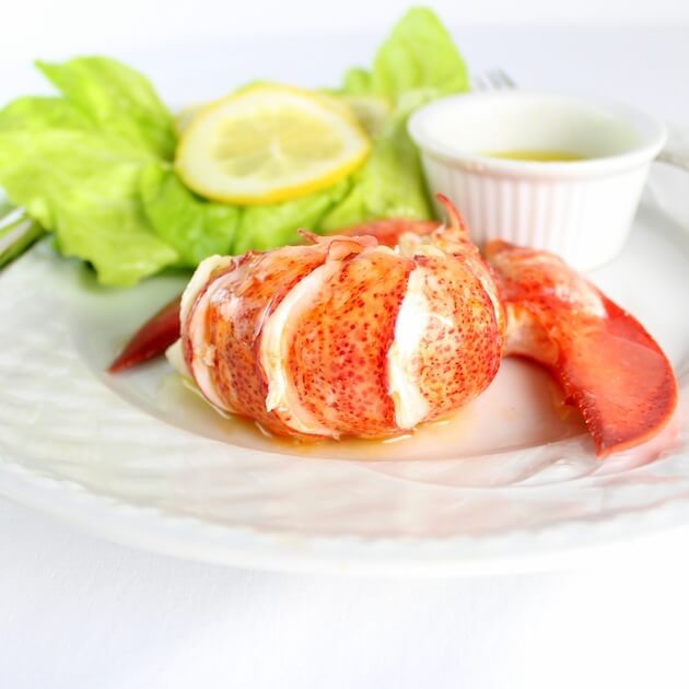 Lobster tail meat on plate with drawn butter