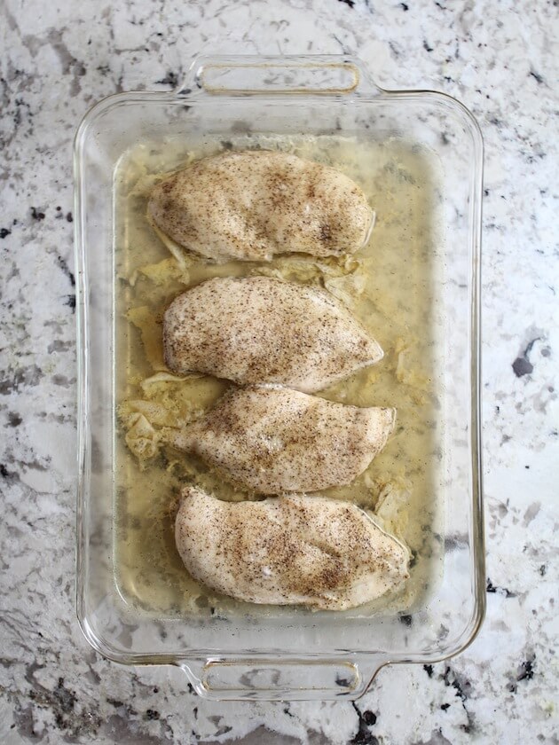 Chicken Breasts in casserole dish after cooking