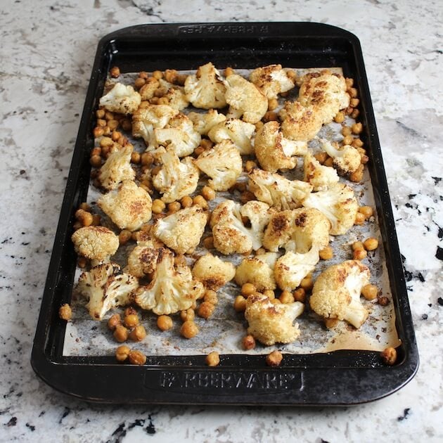 Cauliflower florets &amp; chickpeas after baking, out of oven