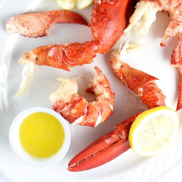 Platter with lobster shells, lobster meat, and drawn butter