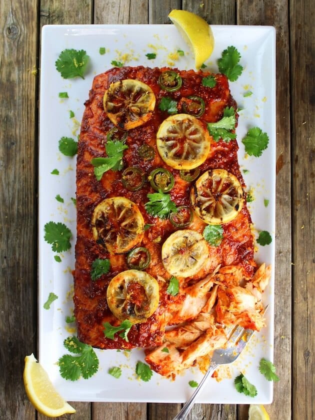 Cedar Plank Harissa Smoked Salmon on platter