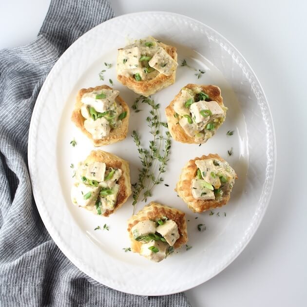 Platter of 6 puff pastry shells loaded with Hot Chicken Salad