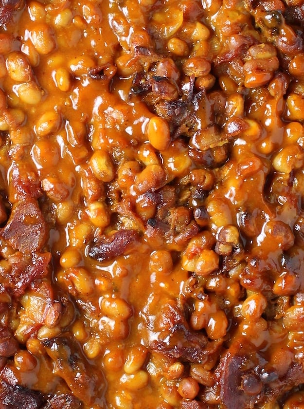 Baked Beans with big pieces of bacon closeup