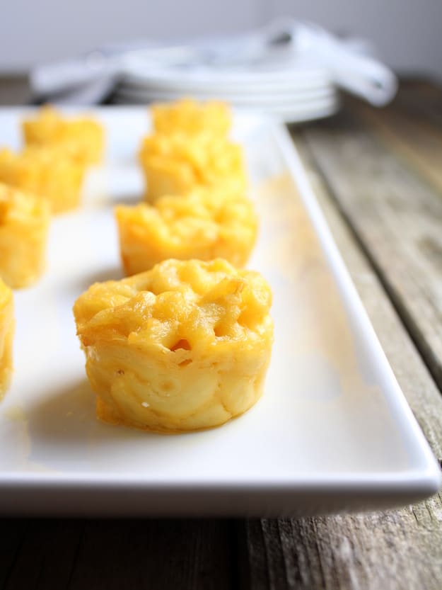 Small mac-and-cheese bites on a platter