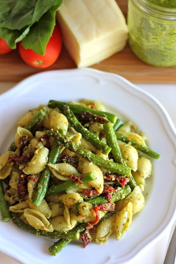 Pasta Salad with pesto on white plate