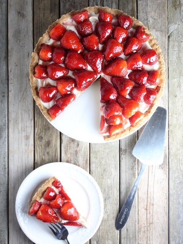 Strawberry Marscapone Tart with slice cut out 