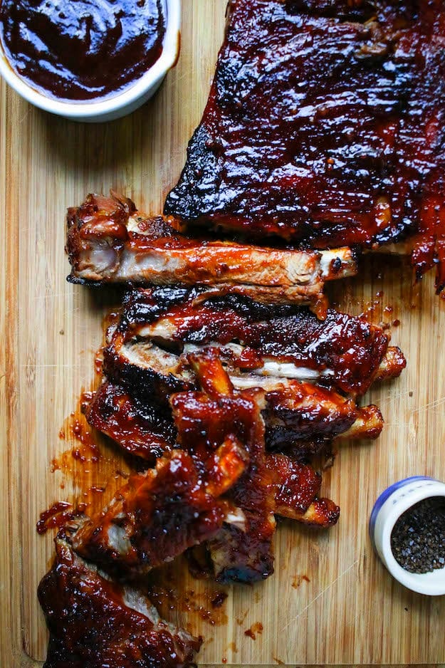 BBQ ribs on a cutting board