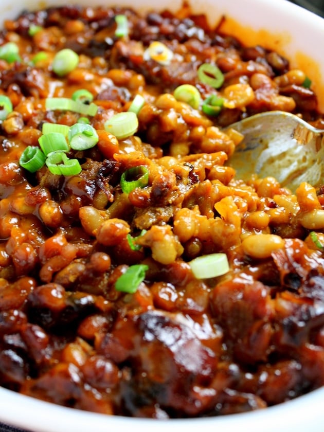 Close up of baked beans with bacon