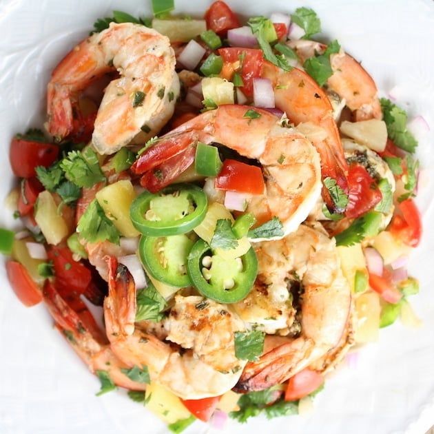 Bowl of shrimp on pineapple salsa