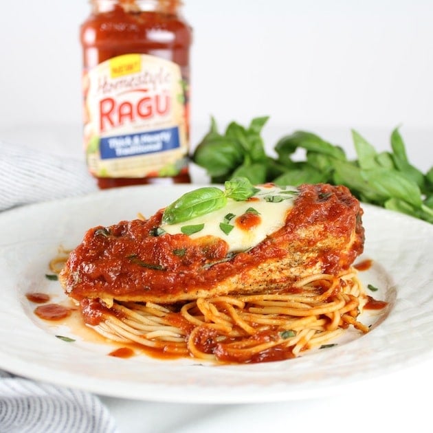 Baked Chicken and red sauce on angel hair pasta