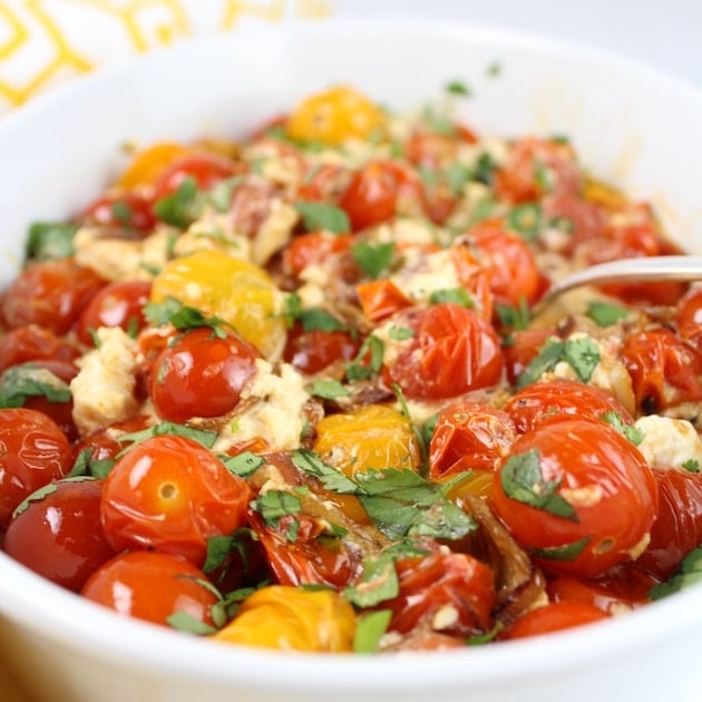 Closeup of baked Cherry Tomatoes Feta