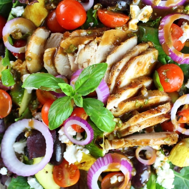 Close up Grilled Chicken Salad with many vegetables