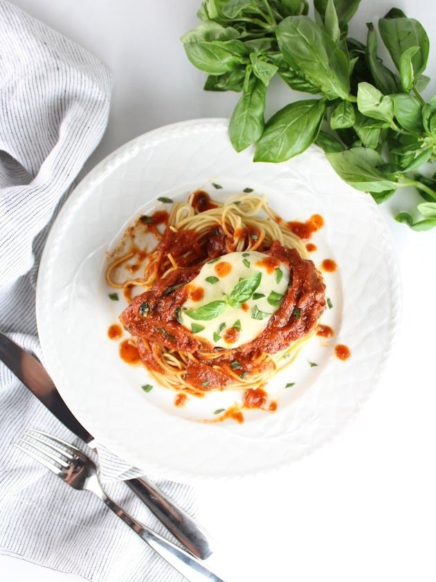 Italian chicken with marinara on pasta